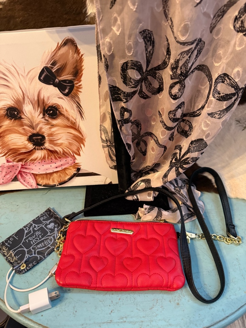 Betsey Johnson Red Quilted Heart Crossbody Wristlet with Black Strap